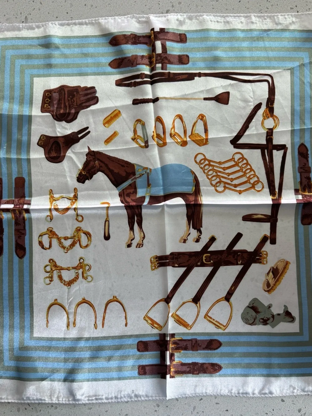 Horse Tack Print Silk-Feel Pocket Square - Blue, Brown, Gold